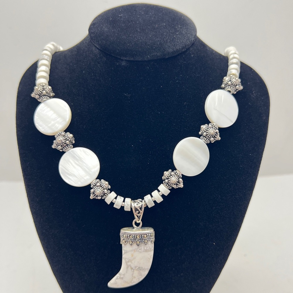 Handmade Sterling Silver 925 White Howlite Marcasite Horn Tusk Necklace Boho